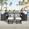 Patio All-Weather PE Wicker Dining Table Set with Wood Tabletop for 8; Black Rattan+Beige Cushion (9-Piece)